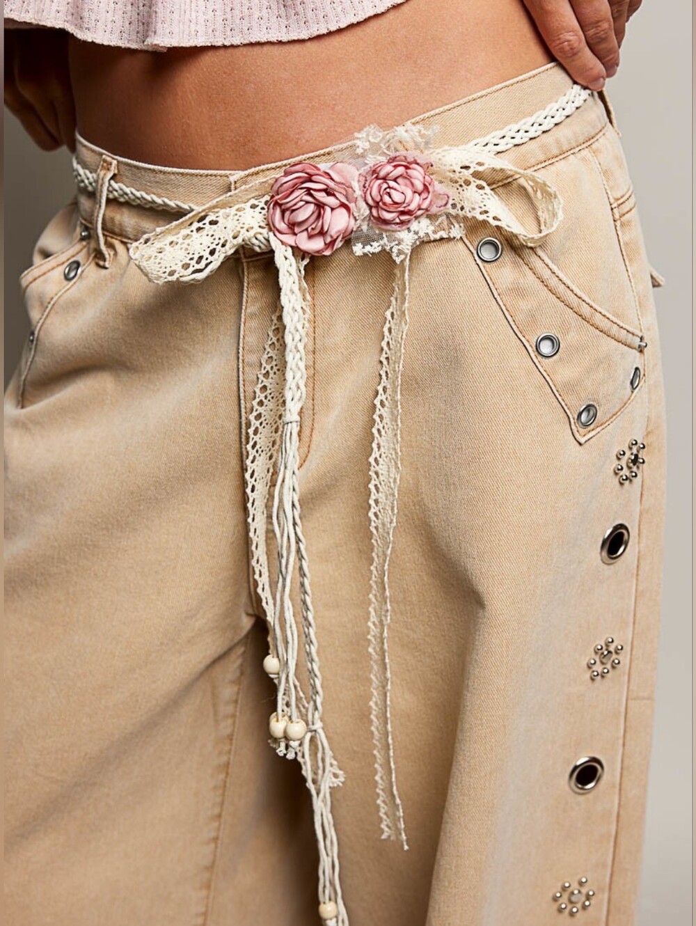 3-0619 POLBoho Lace Belt with Double Pink Flower Accents